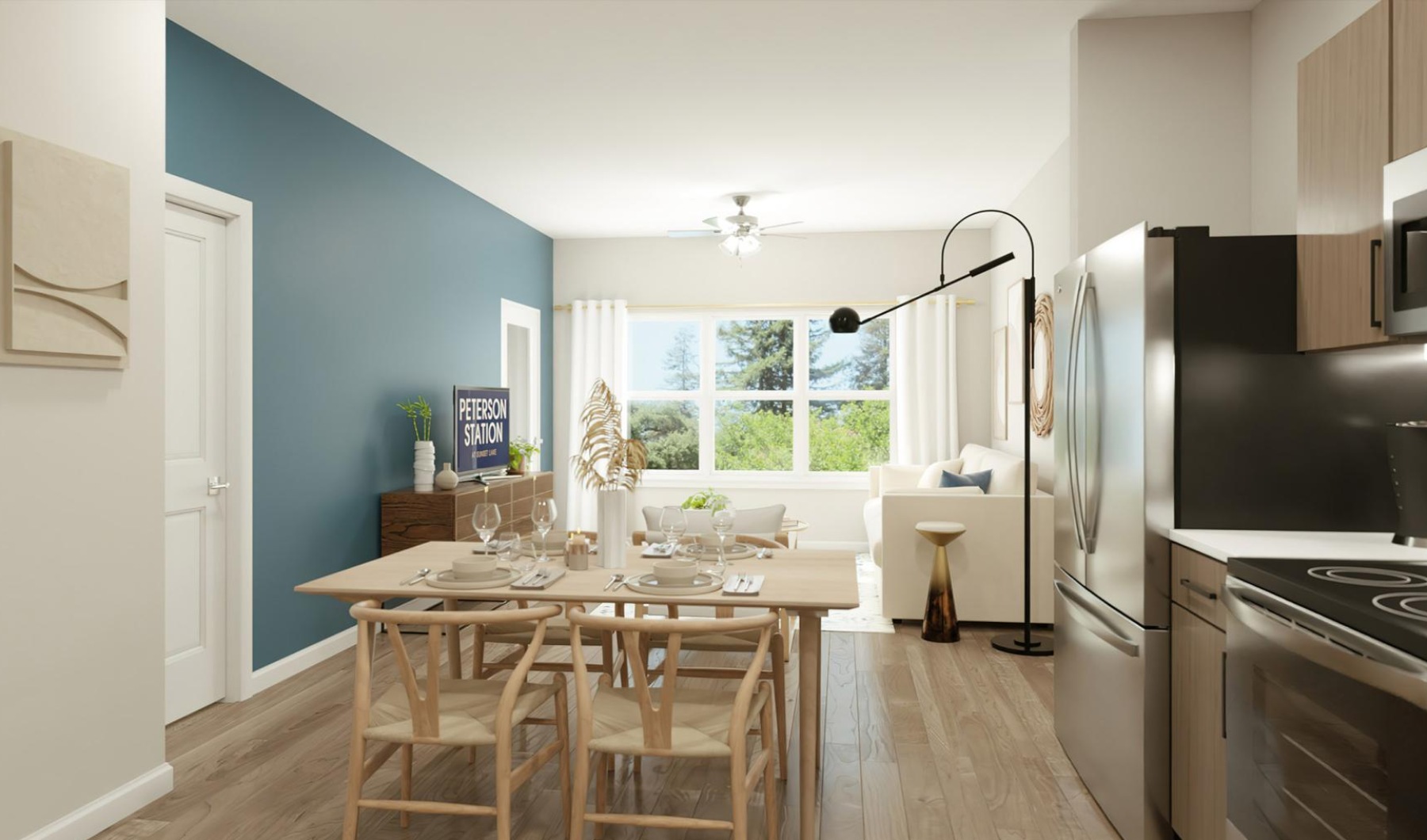 a kitchen with a table and chairs